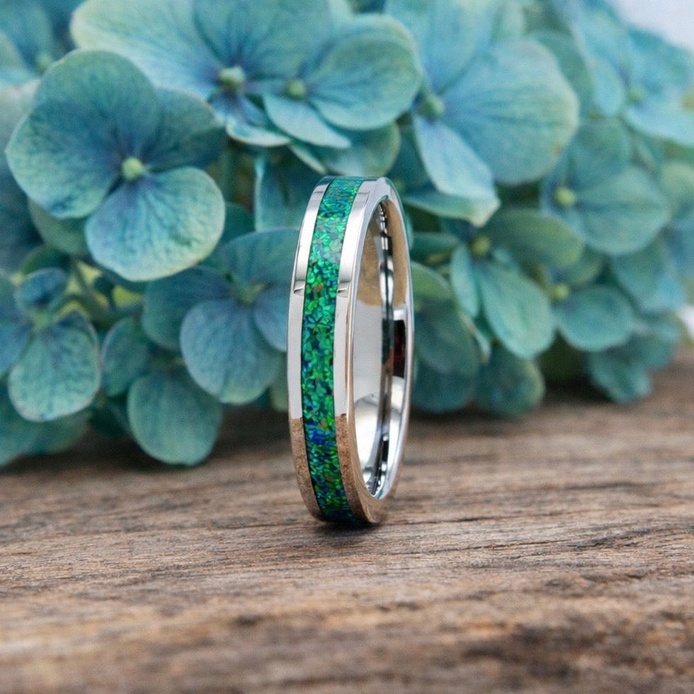 LADIES RING Silver Tungsten with Green Opal 4mm Band - Hashtag Bamboo