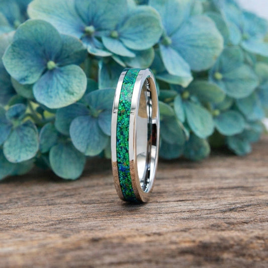LADIES RING Silver Tungsten with Green Opal 4mm Band - Hashtag Bamboo