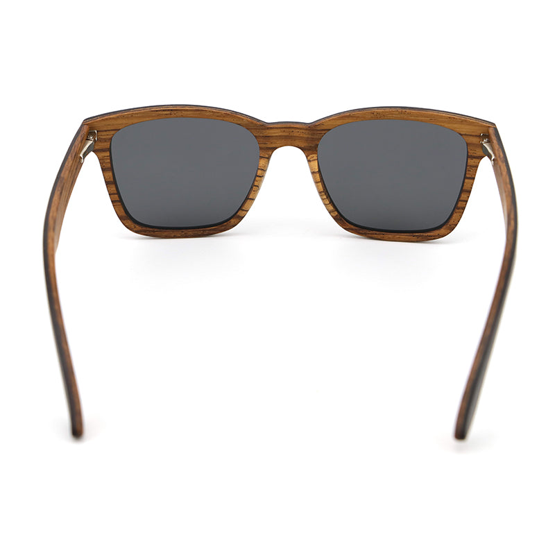 Back view of Dualis ebony and zebrawood unisex wooden sunglasses