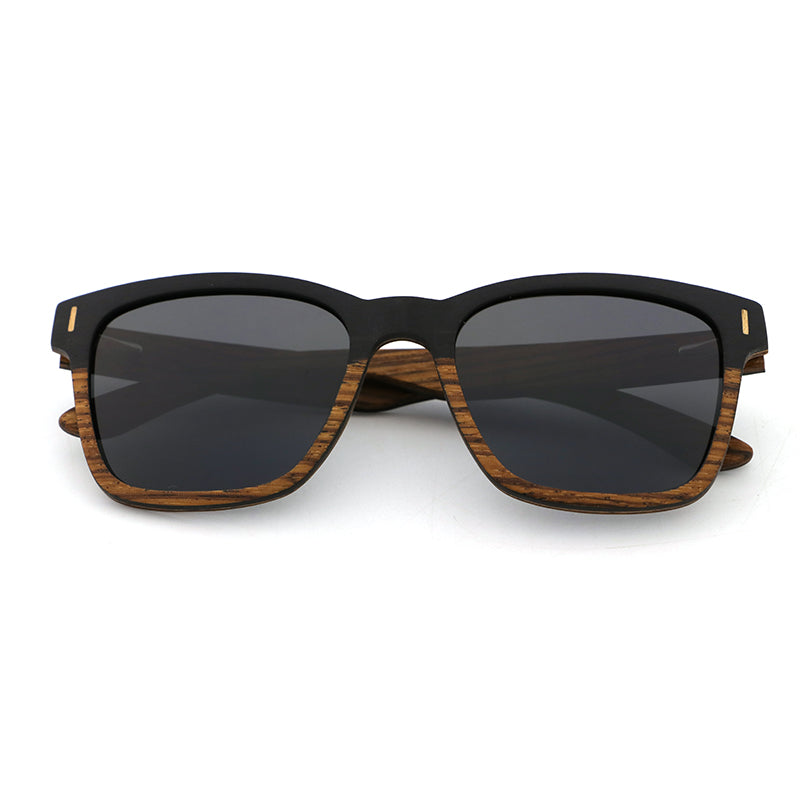 Unisex polarised wooden sunglasses crafted from ebony and zebrawood by Hashtag Bamboo