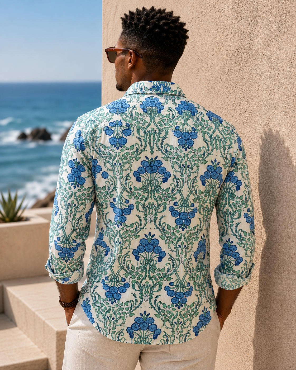 Men's Printed 100% Cotton Shirt | Blue Green Motif