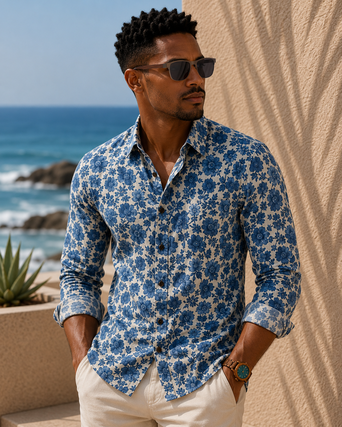Man wearing a blue floral shirt by the ocean