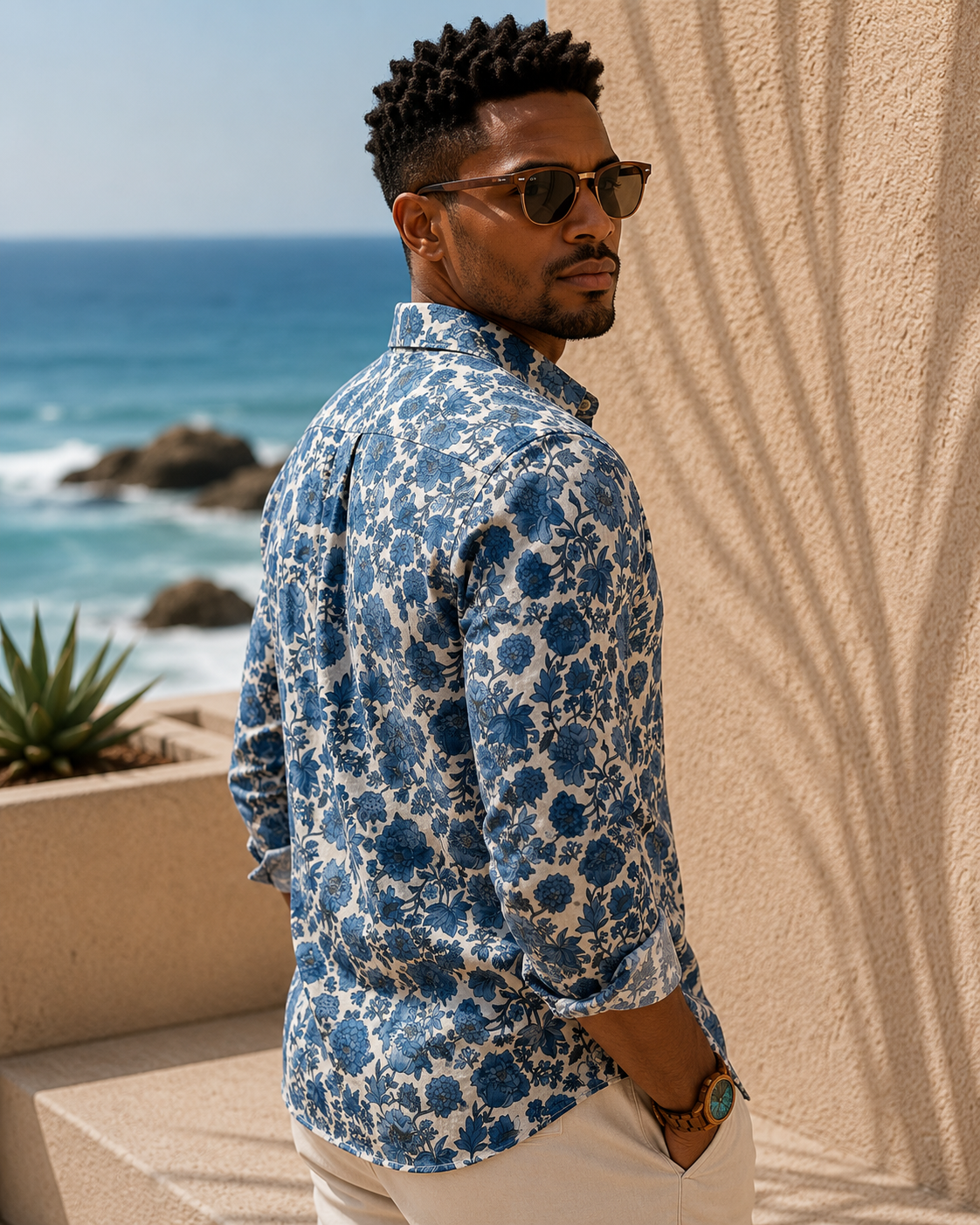 Man wearing a blue floral shirt by the ocean