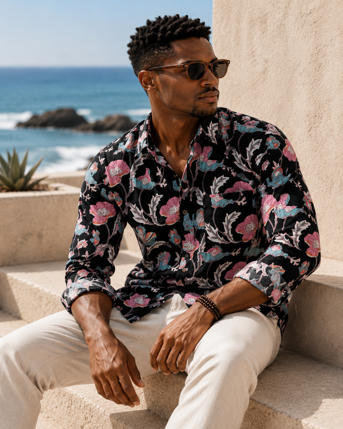 Man wearing a floral shirt and sunglasses sitting on steps with ocean view