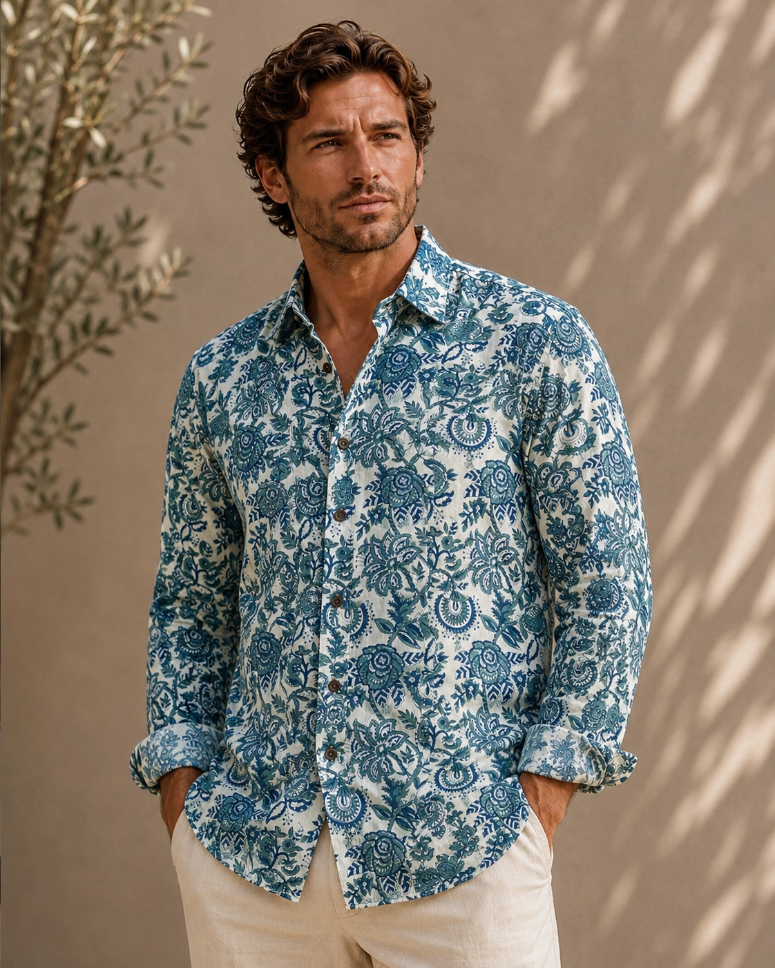 Men's Printed 100% Cotton Shirt | Sage Blue Botanical