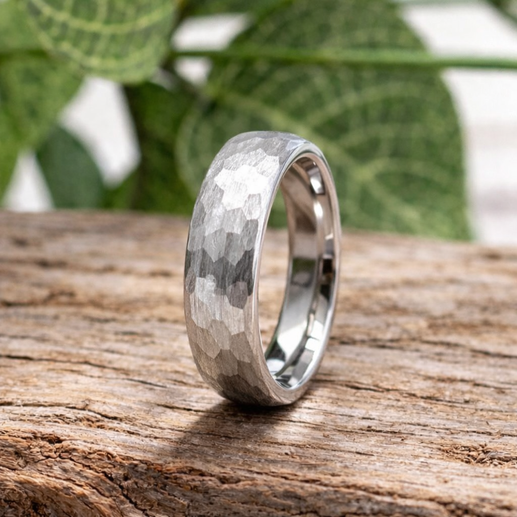 Men's Silver Hammer Tungsten Ring 6mm Band - Hashtag Bamboo