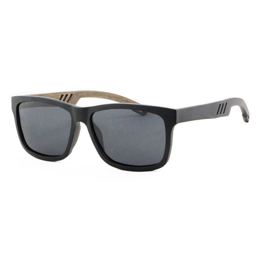 Wooden sunglasses handcrafted with black maple and walnut wood, grey polarised lenses and cut-out arms.