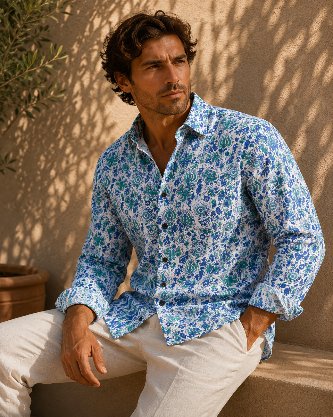 Man wearing a blue floral shirt sitting against a beige wall.
