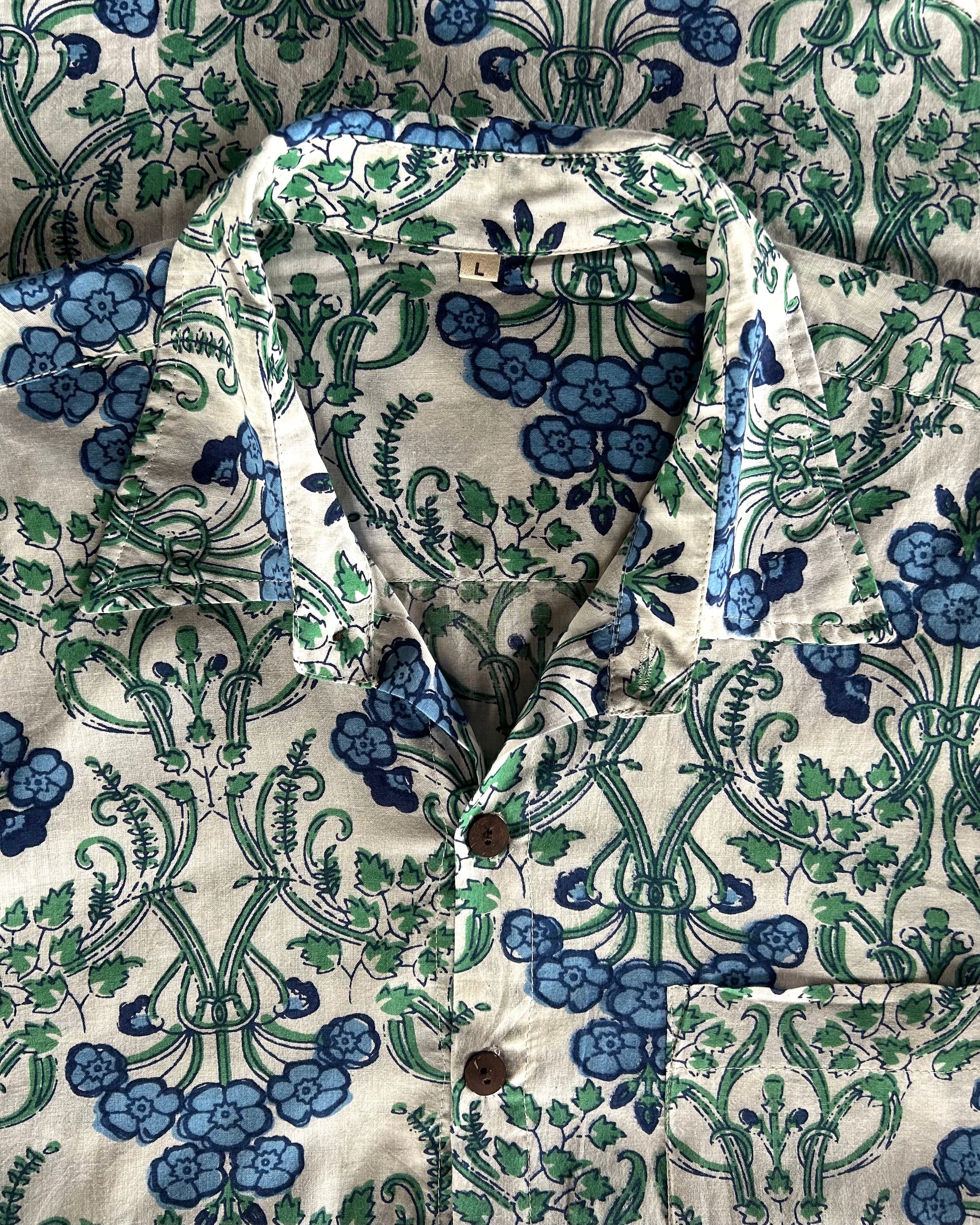 Men's Printed 100% Cotton Shirt | Blue Green Motif - Hashtag Bamboo