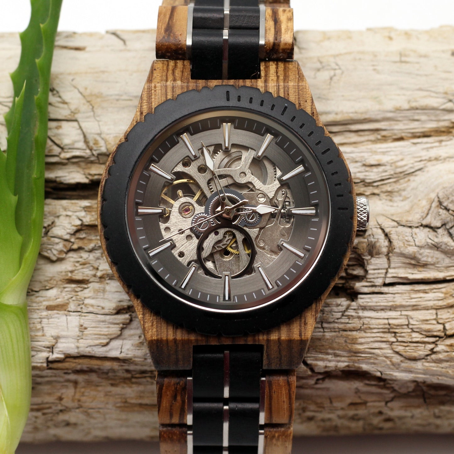 COGSMITH SILVER Two-Tone Mens Skeleton Wooden Mechanical Watch