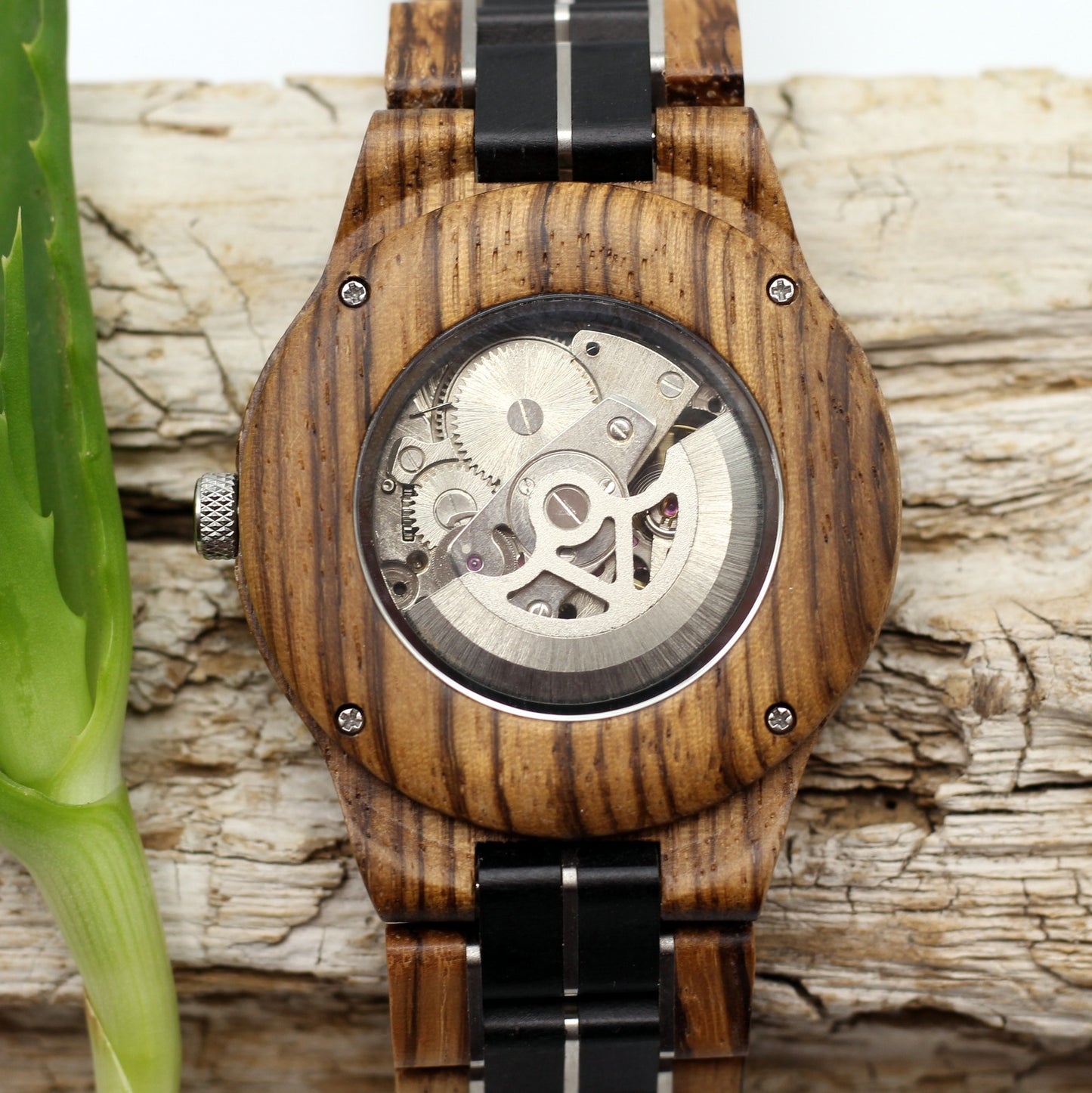 COGSMITH SILVER Two-Tone Mens Skeleton Wooden Mechanical Watch