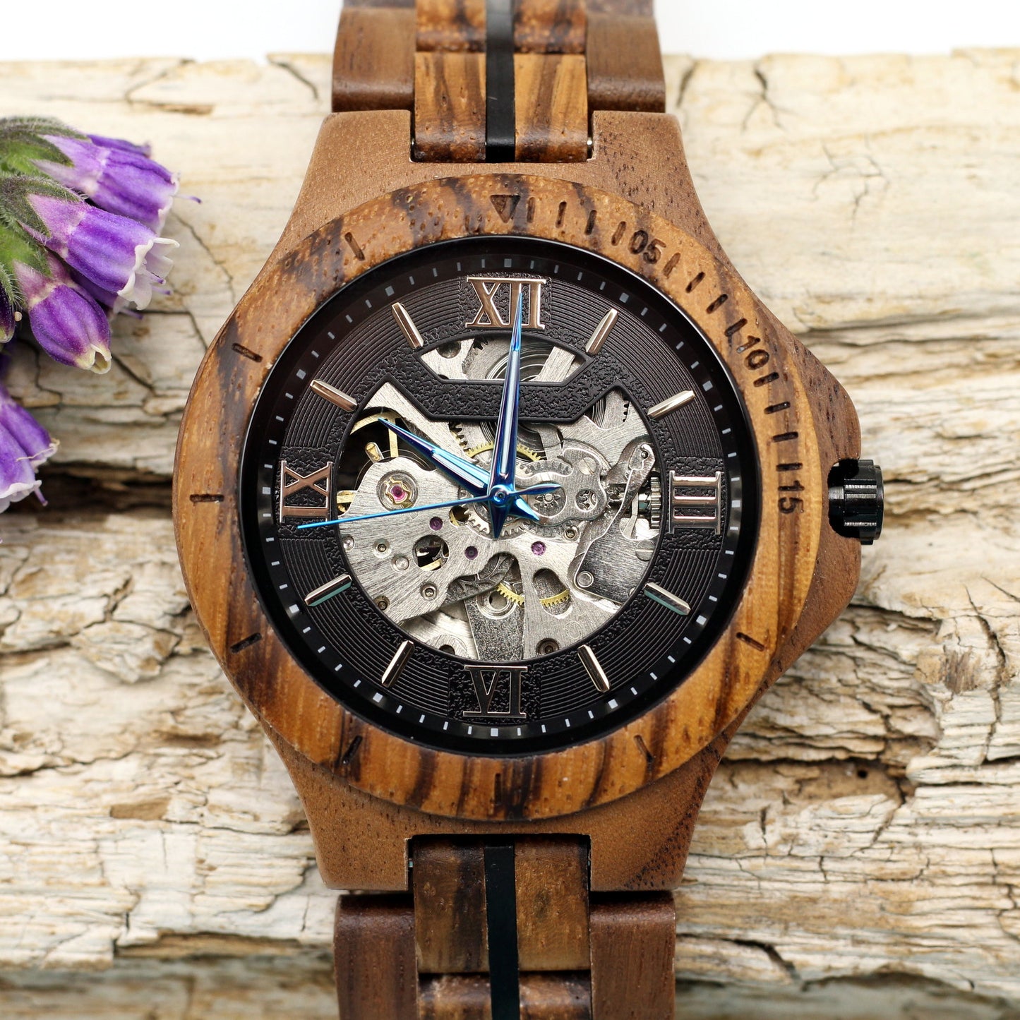 COGSMITH BLUE Two-Tone Mens Skeleton Wooden Mechanical Watch