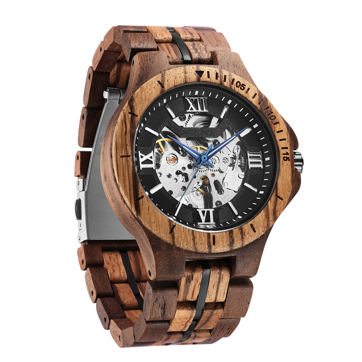 COGSMITH BLUE Two-Tone Mens Skeleton Wooden Mechanical Watch - Hashtag Bamboo