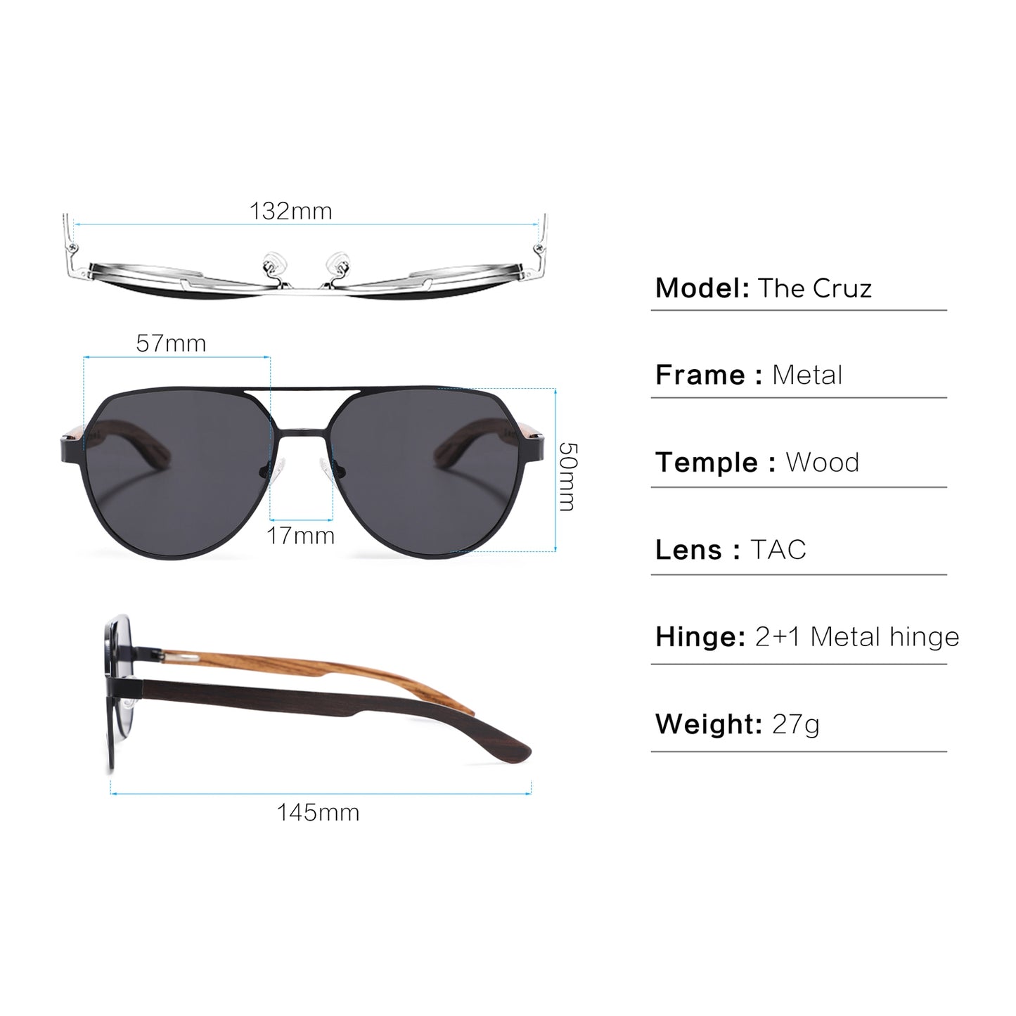 CRUZ CHARCOAL Aviator Reinvented Polarized Sunglasses Wooden Arms - Hashtag Bamboo