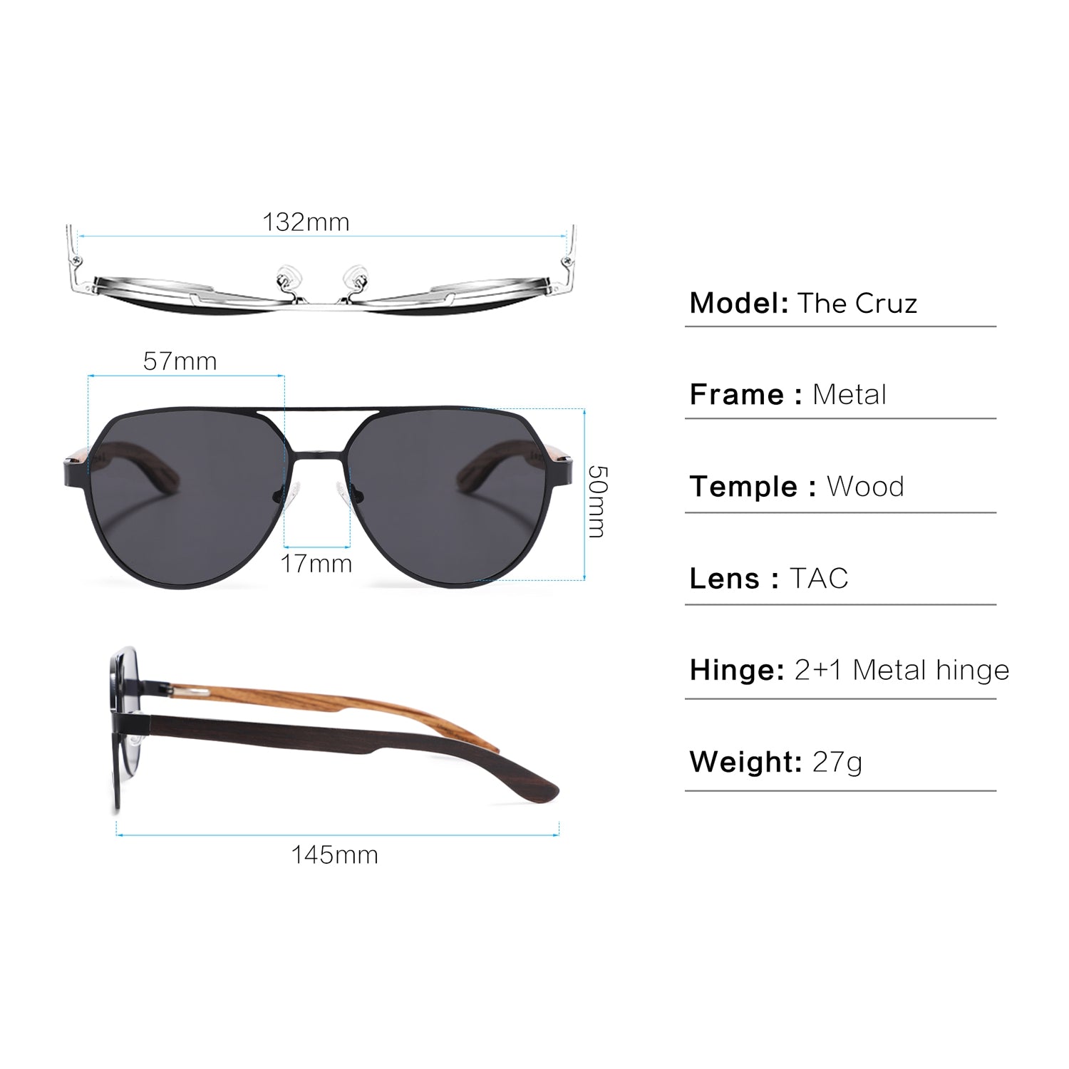 CRUZ CHARCOAL Aviator Reinvented Polarized Sunglasses Wooden Arms - Hashtag Bamboo