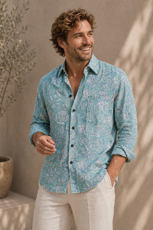Men's Printed 100% Cotton Shirt | Blues