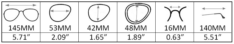 A measurement chart showing six different eyeglass frame shapes with labeled widths and heights in millimeters and inches, including 145mm, 53mm, 42mm, 48mm, 16mm, and 140mm.