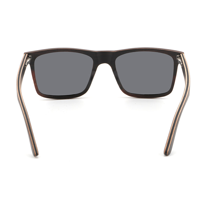 Rear view of the Linden men's brown wooden sunglasses with dark grey polarised lenses