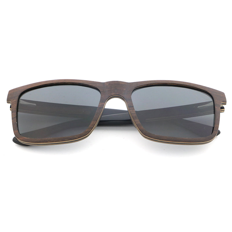 Linden men's ebony brown wooden sunglasses with dark grey polarised lenses and acetate tips