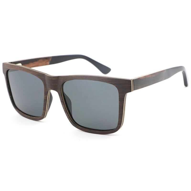 Linden men's ebony brown wooden sunglasses with dark grey polarised lenses and acetate tips