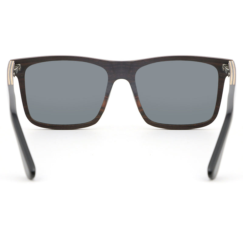Linden men's ebony brown wooden sunglasses with dark grey polarised lenses and acetate tips