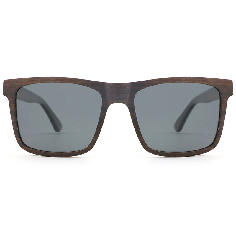 Linden men's ebony brown wooden sunglasses with dark grey polarised lenses and acetate tips