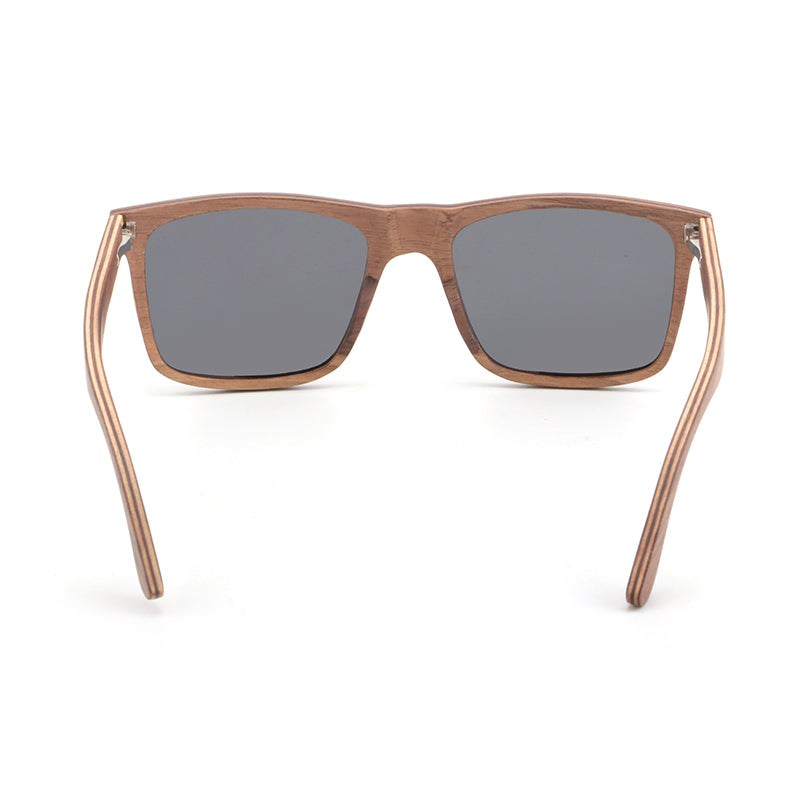 Rear view of the Linden men's brown wooden sunglasses with dark grey polarised lenses