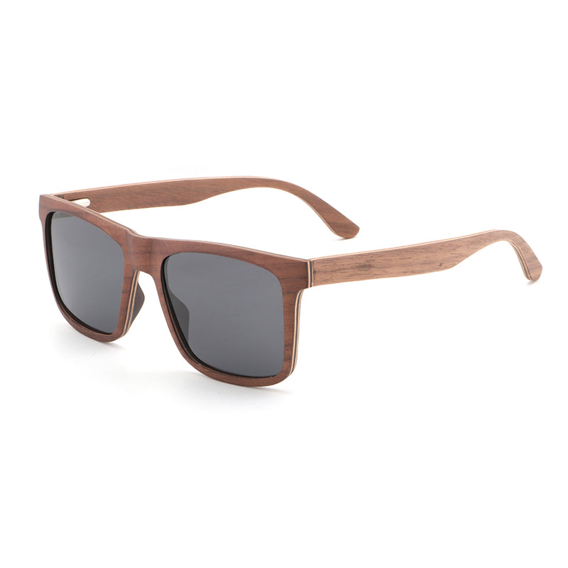 Linden men's brown wooden sunglasses with dark grey polarised lenses