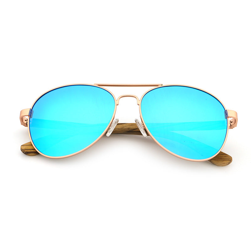 MAVERICK BIG BLUE Aviator Sunglasses Polarised Lens Wooden Arms