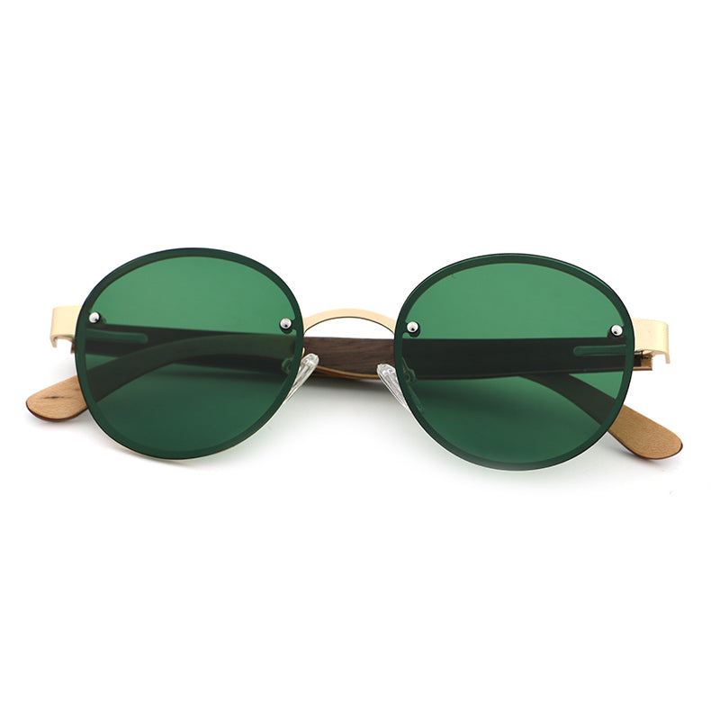 SPECS GREEN Round Rimless Sunglasses with Polarised Lens Wooden Arms