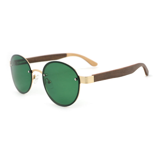 SPECS GREEN Round Rimless Sunglasses with Polarised Lens Wooden Arms