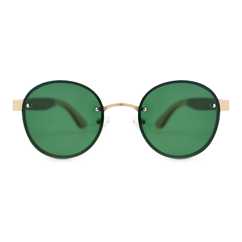 SPECS GREEN Round Rimless Sunglasses with Polarised Lens Wooden Arms