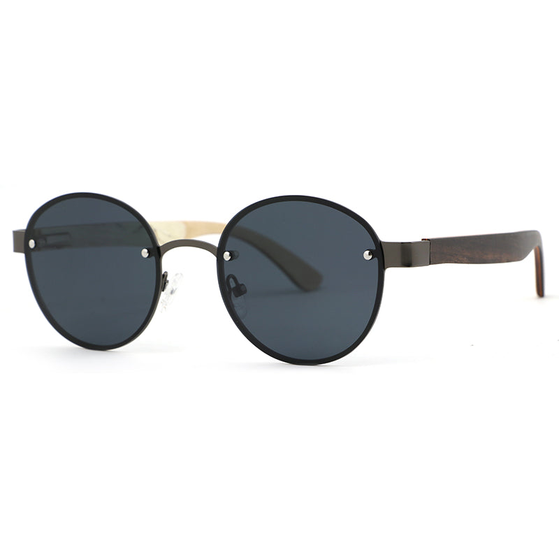 SPECS BLACK Round Rimless Sunglasses with Polarised Lens Wood Arms