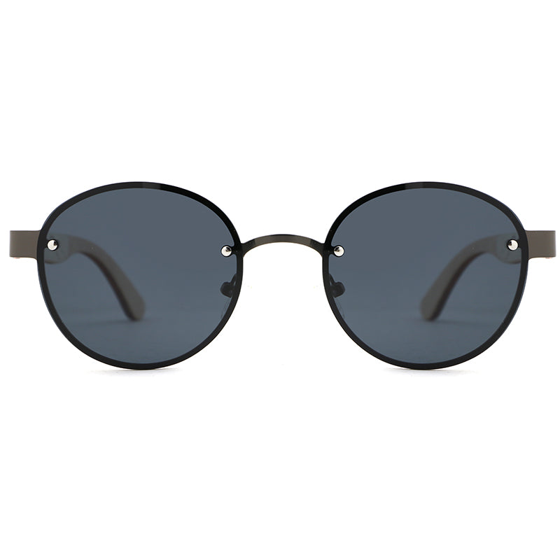 SPECS BLACK Round Rimless Sunglasses with Polarised Lens Wood Arms