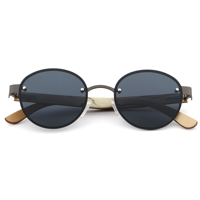SPECS BLACK Round Rimless Sunglasses with Polarised Lens Wood Arms
