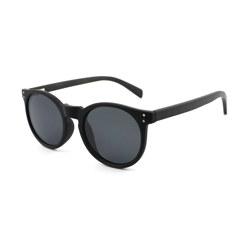 IVY BLACK Round Sunglasses Polarised Lens Wooden Arms