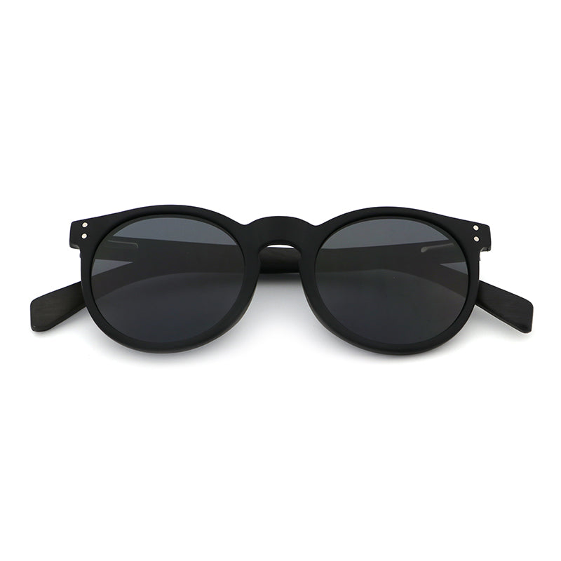 IVY BLACK Round Sunglasses Polarised Lens Wooden Arms