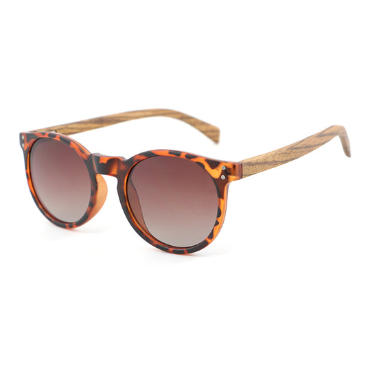 IVY BROWN Round Sunglasses Polarised Lens Wooden Arms