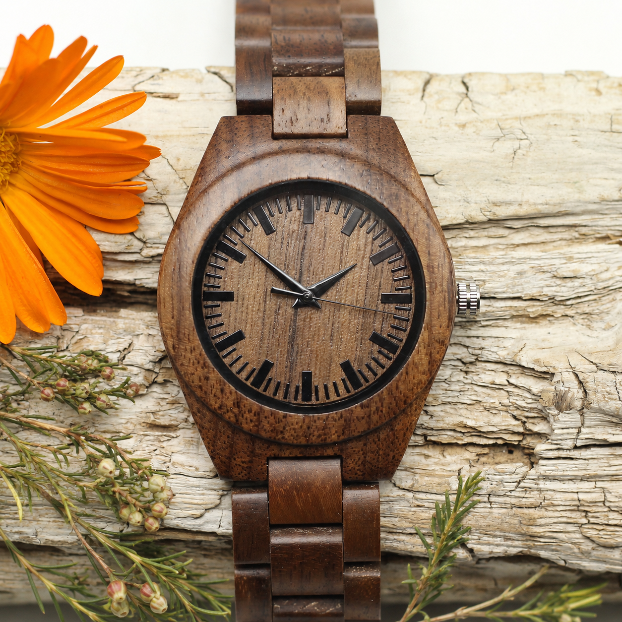 FENN Ladies Walnut Wooden Watch with Solid Wood Strap