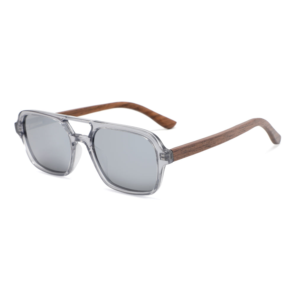 FINLEY SILVER Sunglasses Polarised Lens Trendy Wooden Arms