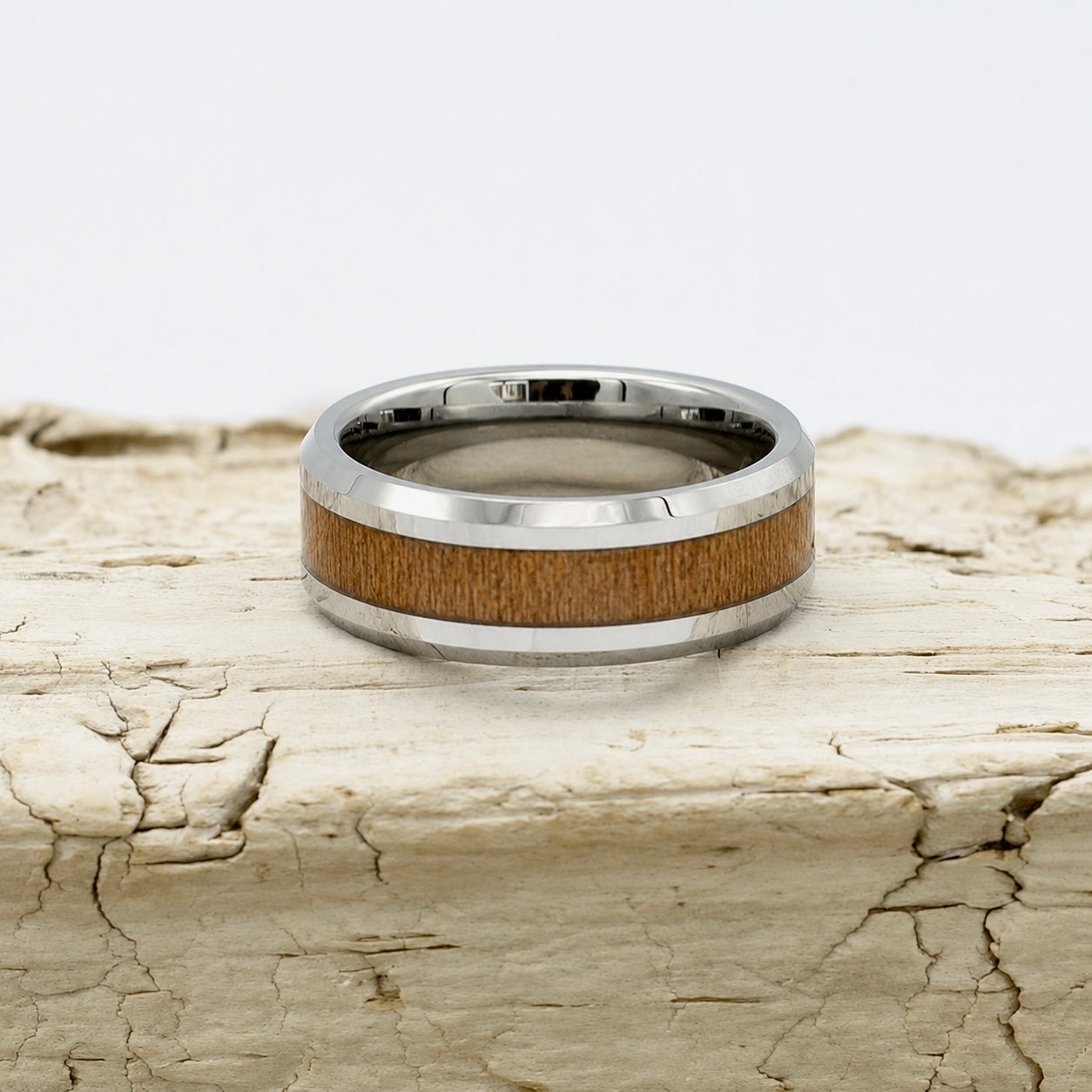 Men's Silver Tungsten Ring with Wood Inlay 8mm - Hashtag Bamboo