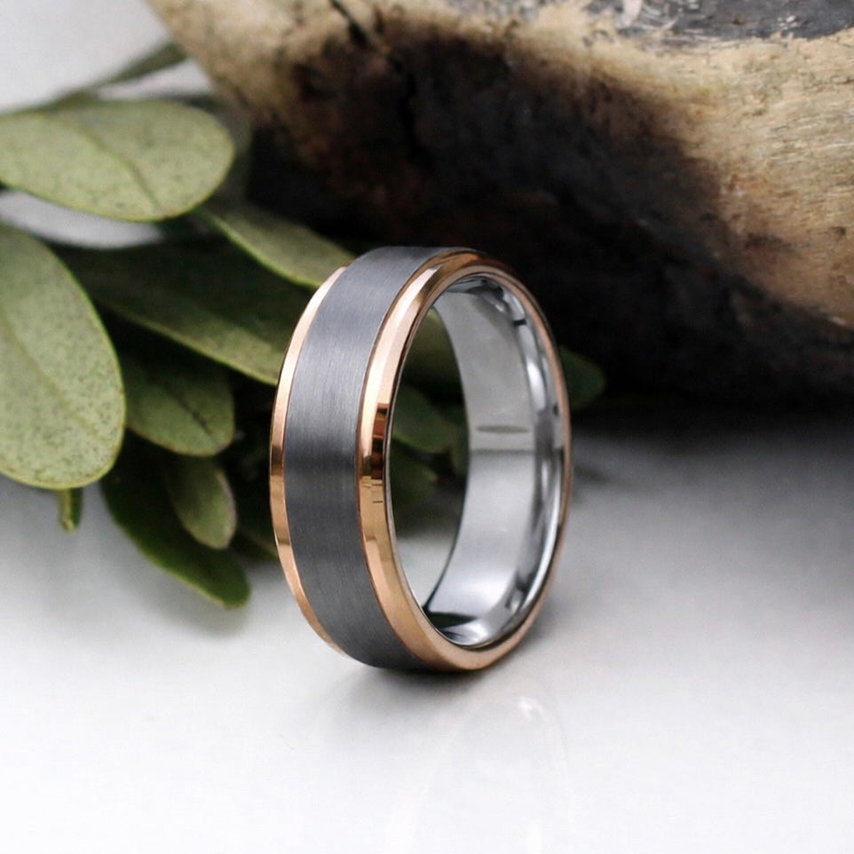 Men's Silver Tungsten Ring with Gold Stepped Edges - Hashtag Bamboo