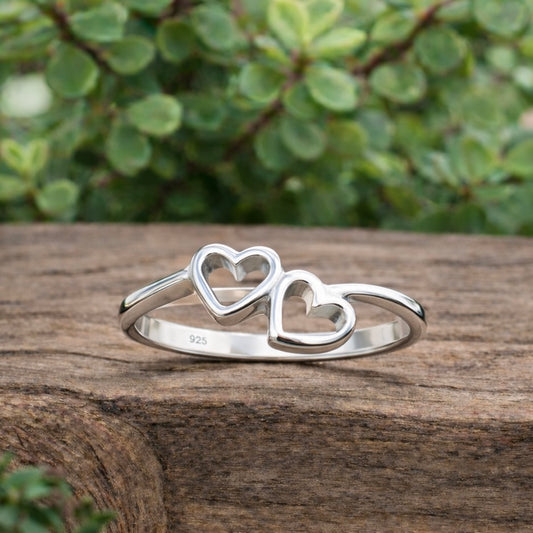 LADIES RING 925 Sterling Silver Double Heart - Hashtag Bamboo