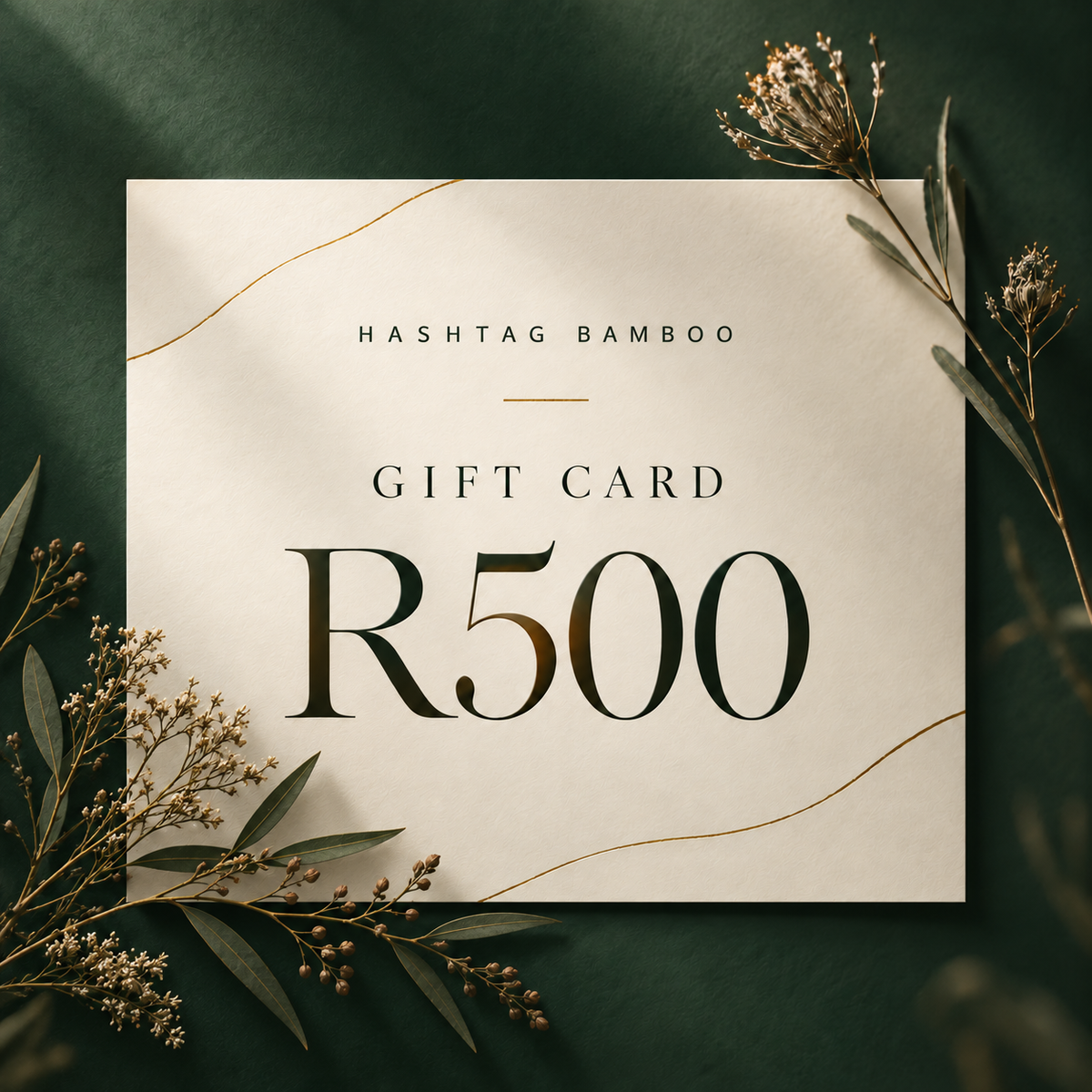 A 500 RMB gift card from Hashtag Bamboo, presented on a textured cream card with elegant gold lines, styled with dried botanicals on a dark green background.