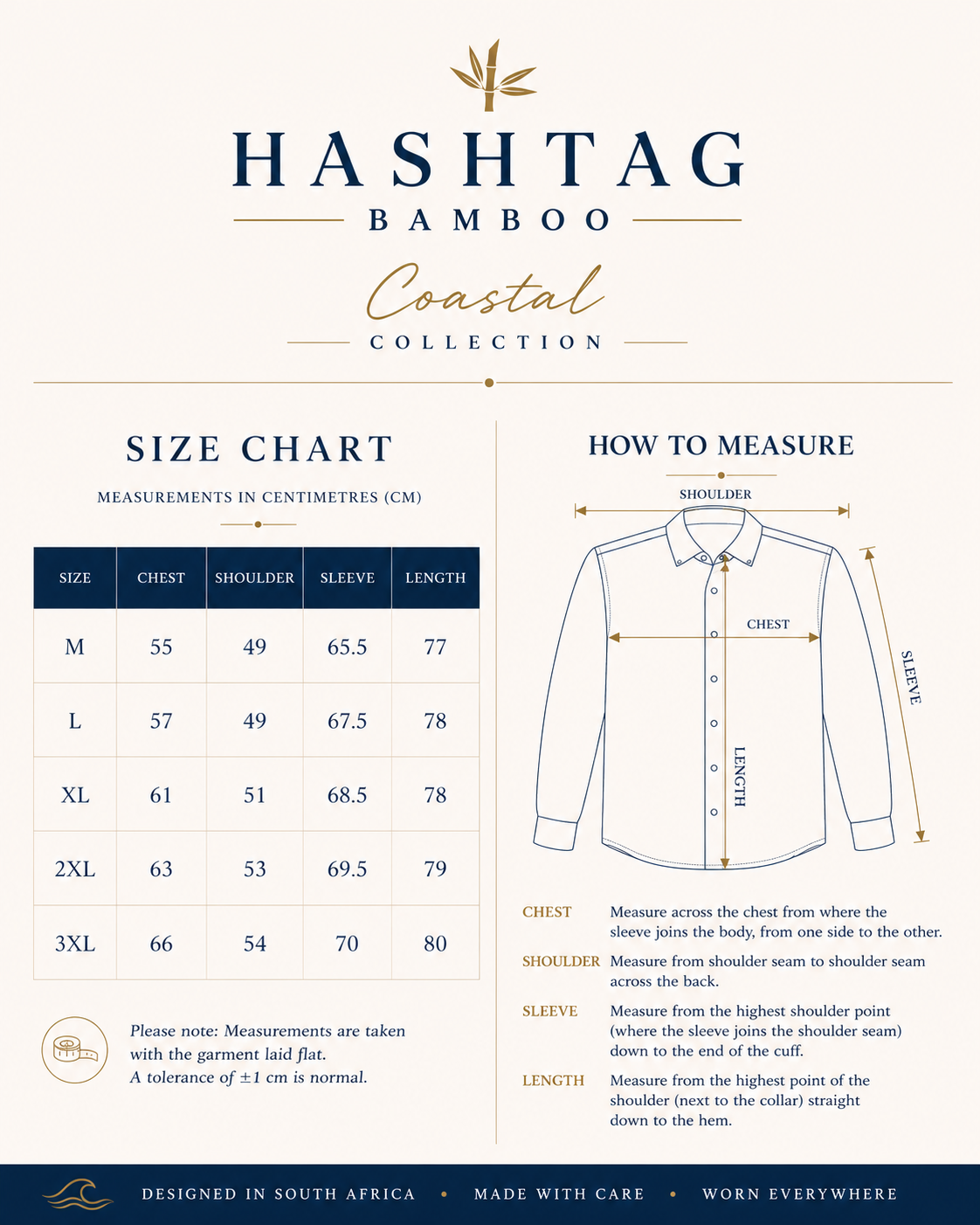 Size chart and measurement guide for a shirt from Hashtag Bamboo's Coastal Collection.