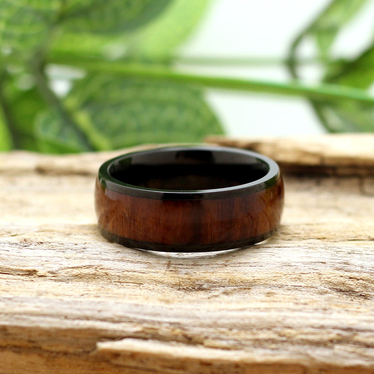 Men's black titanium band with koa wood inlay, Z+6 sizes available, wedding bands, 8mm, hashtag bamboo, orbit.