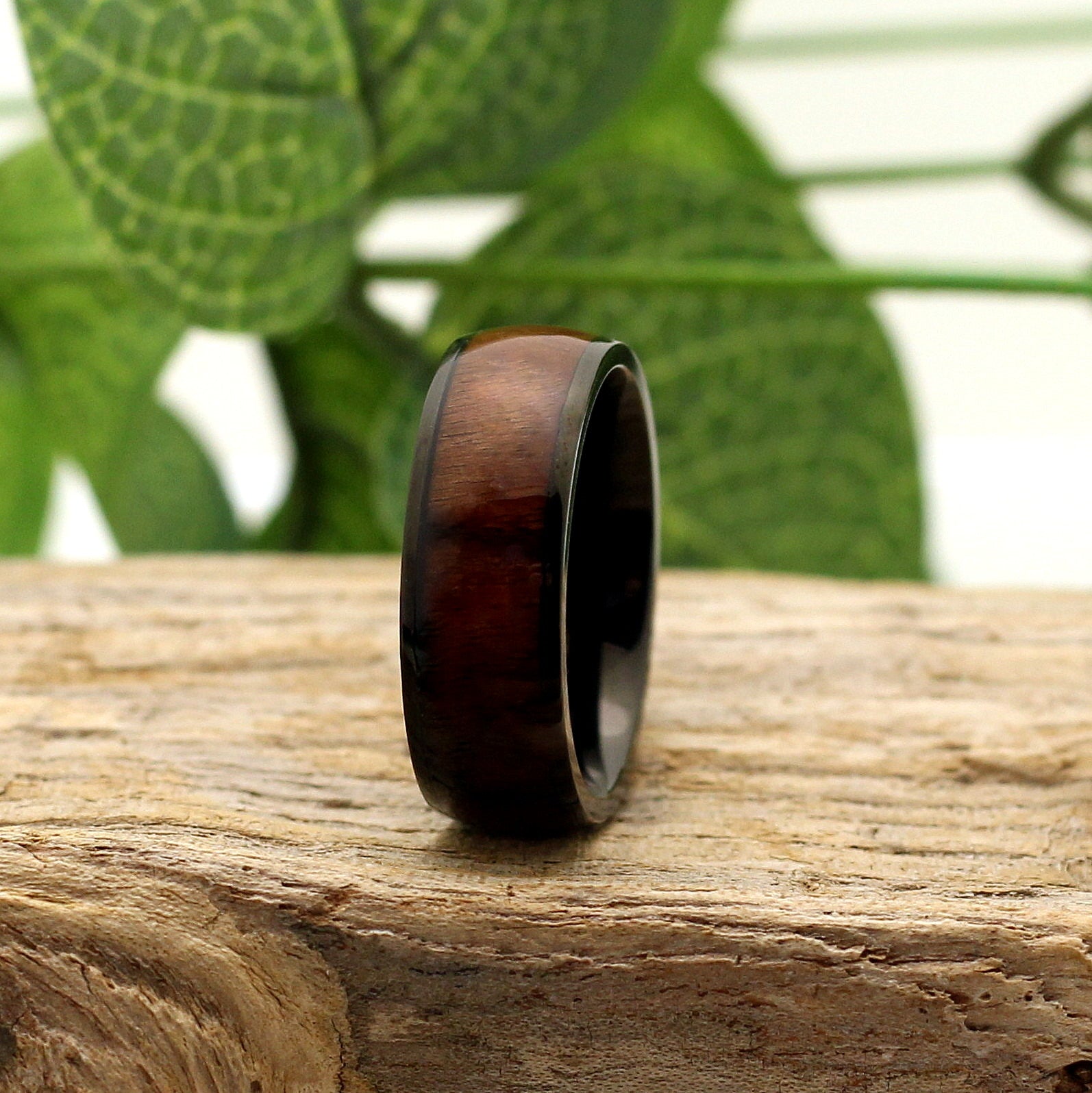 Men's black titanium band with koa wood inlay, Z+6 sizes available, wedding bands, 8mm, hashtag bamboo, orbit.