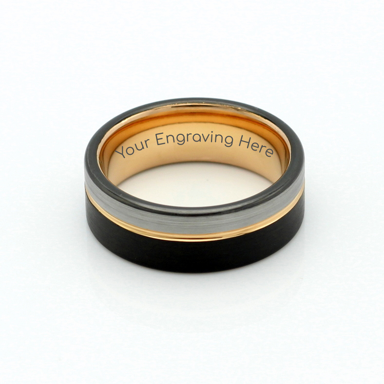 Men's Tri-Colour Tungsten Ring Black, Silver & Gold 8mm - Hashtag Bamboo