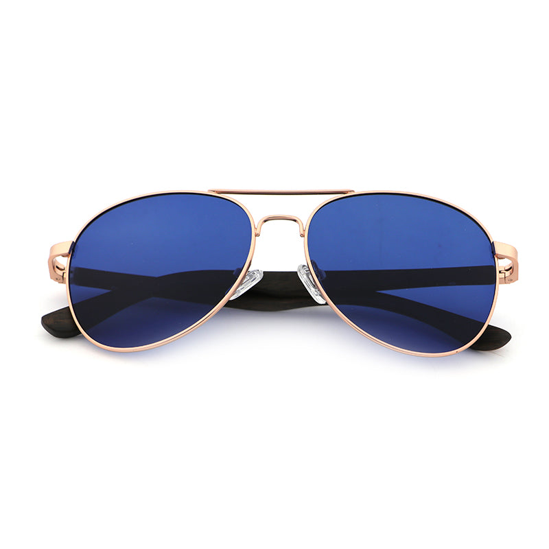 MAVERICK BLUE Aviator Sunglasses Polarised Lens Wooden Arms