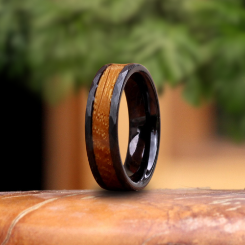 Men's Black Hammer Tungsten Ring Wood Inlay 6mm - Hashtag Bamboo